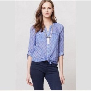 Anthropologie Holding Horses Zellige Blue Geometric Button Down Blouse 10